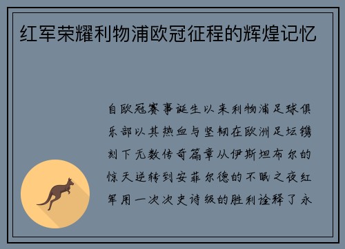 红军荣耀利物浦欧冠征程的辉煌记忆
