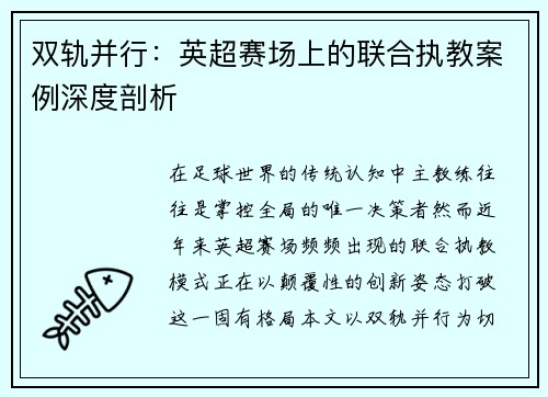 双轨并行：英超赛场上的联合执教案例深度剖析