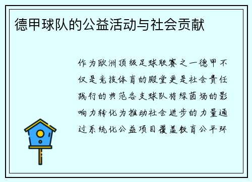 德甲球队的公益活动与社会贡献