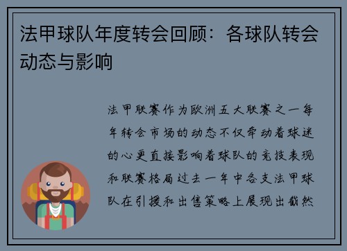 法甲球队年度转会回顾：各球队转会动态与影响